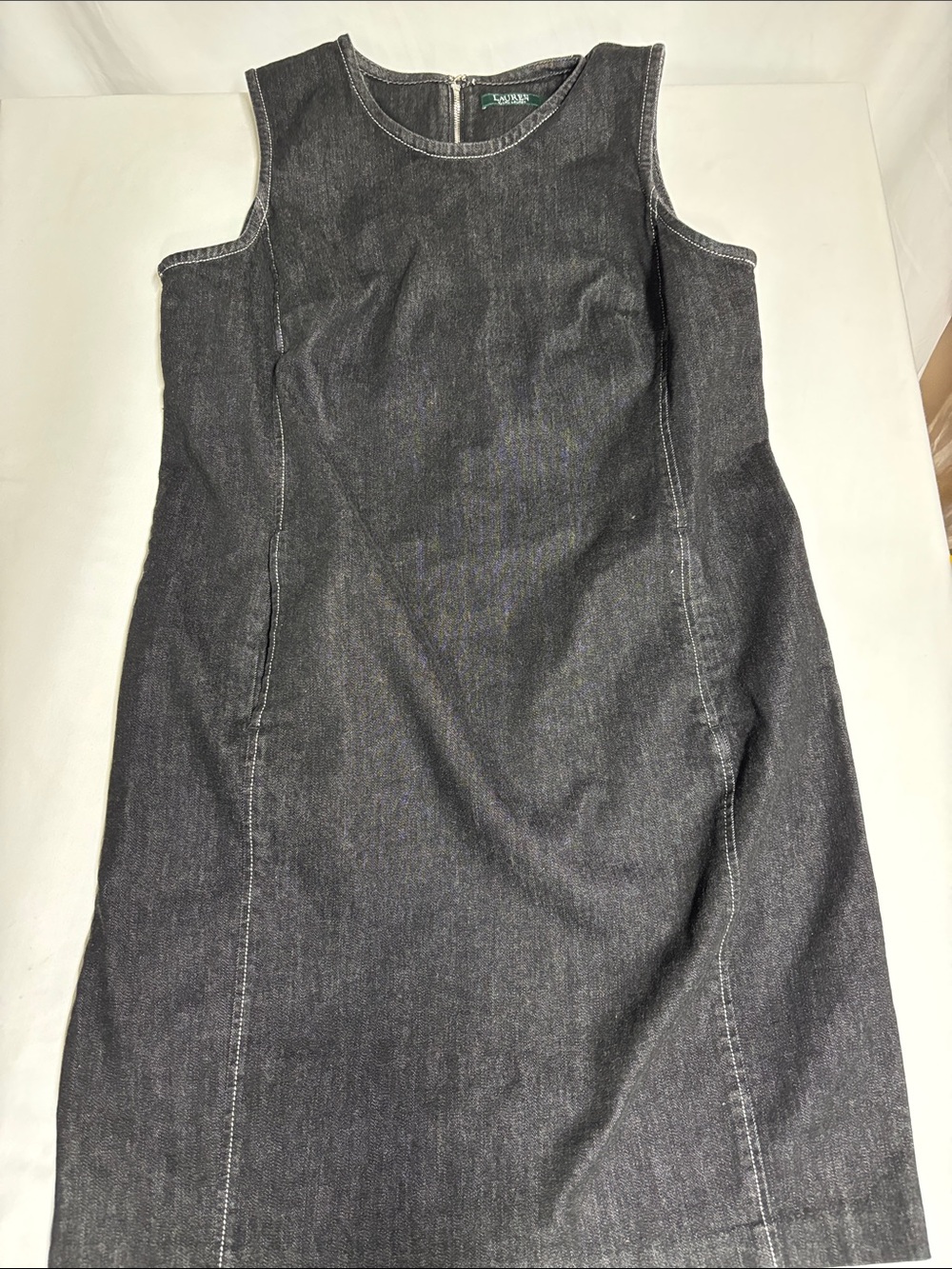 Lauren Ralph Lauren Denim Midi Dress Size 16 Dark Wash Contrast Stitch Y2K